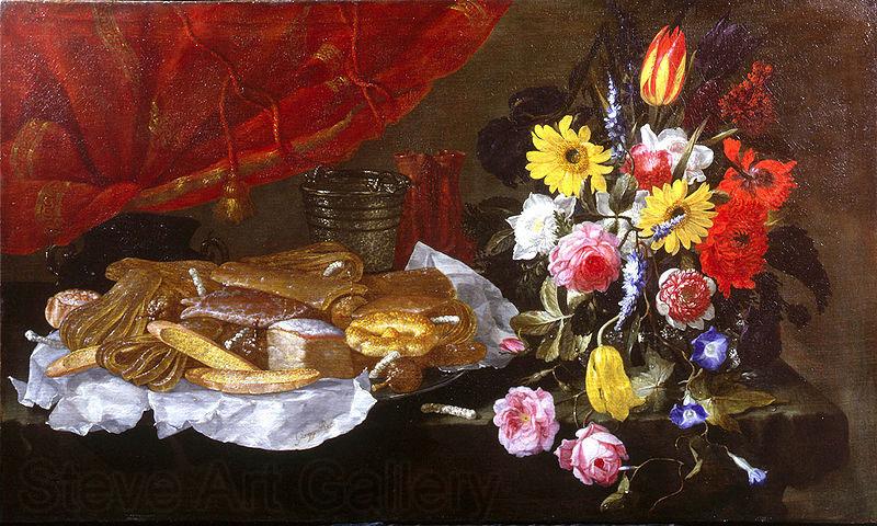 Giuseppe Recco A Still Life of Roses, Carnations, Tulips and other Flowers in a glass Vase, with Pastries and Sweetmeats on a pewter Platter and earthenware Pots, on France oil painting art